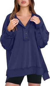 Oversized <b>Womens</b> Hooded <b>Navy</b> Blue Long Sleeve Button Front Soft Casual Sweatshirt Comfortable Loose Fit Everyday Wear - Product Image 2