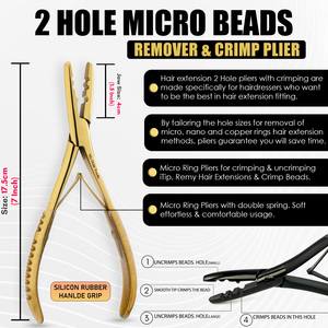 Kit de herramientas de extensiones de cabello de acero inoxidable dorado al por mayor, alicates de 2 agujeros con bucle de tracción, agujas de acero inoxidable de colores personalizados - Product Image 6