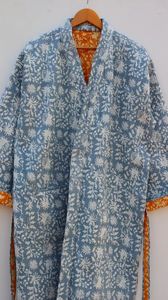 Hecho a mano tejido indio acolchado bloque estampado Reversible Kantha Robe estilo Kimono japonés chaqueta de invierno cinturón de corbata multicolor Casual - Product Image 2