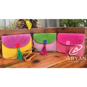 Hot Selling Handcrafted Colorful Suede Leather Crossbody Shoulder Bag for Women's Sustainable Recycled Leather <b>Tassel</b> <b>Handbags</b> - Product Image 1