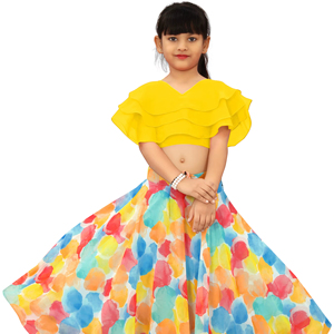Conjunto de Lehenga Largo con Estampado Digital Multicolor y Volantes de Georgette Amarillo para Niñas, Marca Shoryam, para Fiestas, Todas las Temporadas - Product Image 1