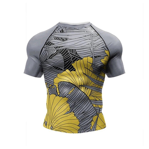 OEM ODM Sportswear Men's <b>Compression</b> Leggings Yellow Gray Leaf Print Quick Dry Seamless Sport Pants - Product Image 2
