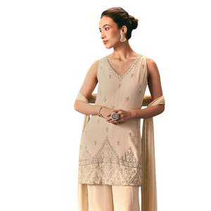 Juego de Kurta Sharara bordado a mano OffWhite con Dupatta para recepción de bodas nupciales, ropa festiva para ocasiones de fiesta - Product Image 2