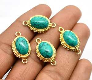 25X14mm Turquoise Gemstone Charm Connector Lot plaqué or 18 carats et plaqué argent antique, connecteur à double boucle pour la fabrication de bijoux NC2 - Product Image 1