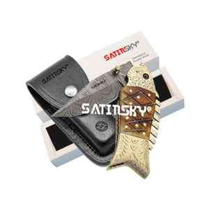 Cuchillo de bolsillo de Damasco hecho a mano en forma de pez 7,5 "mango vaina plegable regalo de caza alto carbono 1095 + 15N20 - Product Image 4