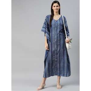 Divena Azul Rayas Kaftan Vestido Mano Bloque Impreso Casual Formal Hasta la rodilla Tallas grandes XS con mangas abullonadas Talla única - Product Image 3