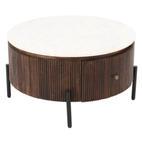 Table basse de salon moderne en bois de manguier massif européen, plateau cannelé brun, finition artisanale, plateau en marbre blanc, pieds en métal noir