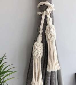 <b>Macrame</b> Bohemian Tassels Curtain Tiebacks | Natural Cotton Rope Boho Woven Curtain Hold Back - Product Image 2