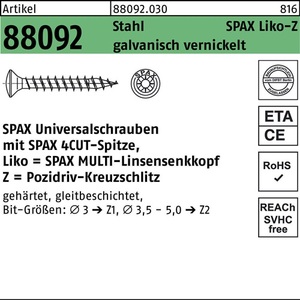 Spax <b>Screws</b> R 88092 LIKO/PZ 3.5x16/12-Z Steel <b>Galvanized</b> Nickel-Plated 1000 Pcs - Product Image 1