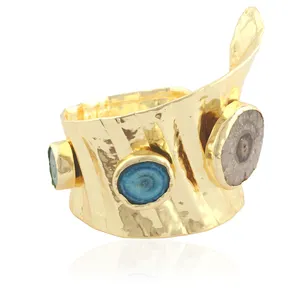 Bohemian timeless jewelry three mix colors natural solar quartz designer cuff bracelet brass gold plated open statement bangles