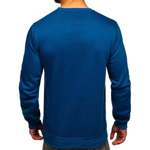 Sweat-shirt pour homme en coton bio, couleur unie bleu, col rond, avec logo personnalisé brodé, bordures côtelées, fabrication OEM - Product Image 2