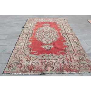 Turkish Vintage Rug, Large 6.1x9.5 ft (185x290 cm) Rug, <b>Red</b> Ikat <b>Wool</b> Rug - Product Image 1