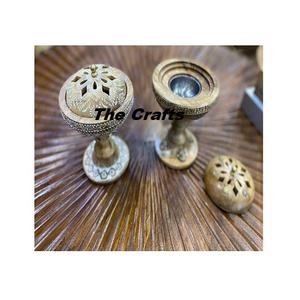 Juego de dos quemadores de aceite de forma redonda en quemador de incienso de madera y metal Mubkhar con pintura a mano para uso doméstico - Product Image 1