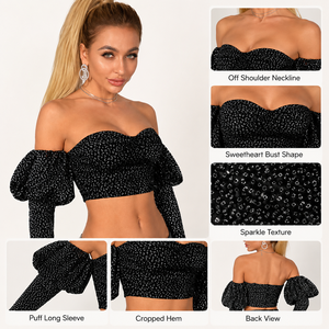 <span class=keywords><strong>Top</strong></span> Corto <span class=keywords><strong>Nero</strong></span> <span class=keywords><strong>con</strong></span> <span class=keywords><strong>Paillettes</strong></span> Personalizzato per Donna, Manica Lunga, Spalle Scoperte, Blusa Scintillante da Festa, Fornitore OEM ODM - Product Image 2