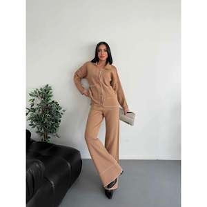 Mybeefashion Women's Standard Size Brown <b>Wool</b> Blend Acrylic Knit Cardigan Top and Long <b>Pants</b> Two-Piece Set 1015 - Product Image 1
