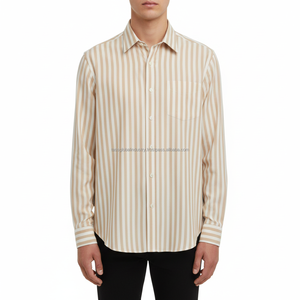 Camisa de Vestir a Rayas para Hombre de Alta Calidad, Manga Larga, Corte Entallado, Formal, para Negocios, Tela Suave, Color Caqui Blanco con Rayas Verticales - Product Image 4