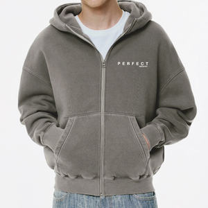 เสื้อฮู้ดแบบรูดซิปสำหรับผู้ชายผ้าคอตตอนฟลีซพิมพ์ลายเสื้อฮู้ดแบบสวมหัวมีเชือกรูดสีทึบโลโก้ - Product Image 2