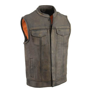 Personalized Logo Men's Original Leather Club Style Motorcycle Vest <b>Concealed</b> Snaps Zipper Closure Leather Wasitcaot - Product Image 5