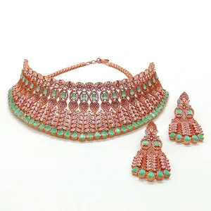 2024 Latest Design Sparkling Stones Jewelry Making Green Color Stone Necklace With Earrings Necklace Sets Jewelry