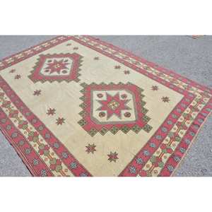 Alfombra turca clásica roja y Beige Vintage de 6,9x9,5 pies, área grande, tejido plano de retazos para decoración de sala de estar, látex de lana - Product Image 4
