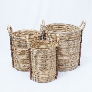 Natural Banana Bark Recycled <b>Plastic</b> <b>Basket</b> Set Cylinder Arch Handle Tall Pot Planter Pure Art Setup Room Decor Art Craft Setup - Product Image 1