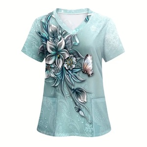 Camiseta de verano de manga corta Unisex en 3D con estampado Floral contemporáneo, camiseta médica veterinaria de enfermería, uniformes de Hospital, tela de sarga - Product Image 3