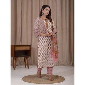 ชุดคุรตะผ้าฝ้ายพิมพ์ลายมือสีขาวเหลือง แขนสามส่วน สำหรับใส่ในชีวิตประจำวัน - Product Image 5