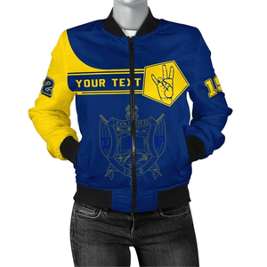Veste bomber universitaire en satin SGRho Sigma Gamma Rho 1922 bleu royal or sororité grecque pour femmes - Product Image 1
