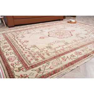 6.5x9.1 ft Turkish Vintage <b>Wool</b> Rug <b>Red</b> White Floral Patchwork Design Latex Backing - Product Image 1