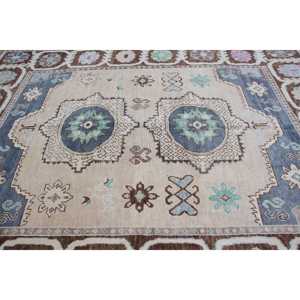 Vintage Rug, 8.4x11.2 ft Turkish Rug, <b>Brown</b> Blue Polka dot <b>Wool</b> Rug - Product Image 4