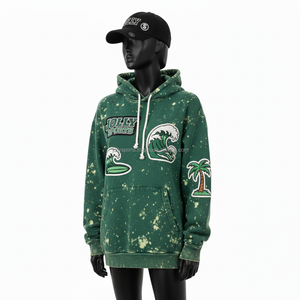 Sweat à capuche pour femme en coton doux 350GSM, vert, avec des patchs brodés en forme de vague, logo personnalisé Palm, streetwear, sweat à capuche lavé - Product Image 4