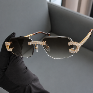 Gafas de sol rectangulares sin montura, marco marrón con adornos de cristal, estilo lujoso, protección UV400, unisex para adultos - Product Image 2