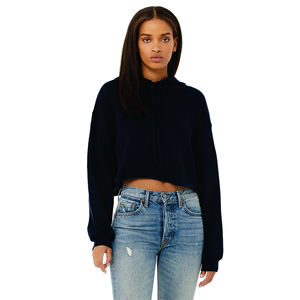 Raw Hem Dropped Shoulder 52% Airlume Combed and Ring Spun Cotton 48% Poly Fleece <b>Navy</b> <b>Womens</b> Cropped Fleece <b>Hoodie</b> - Product Image 1