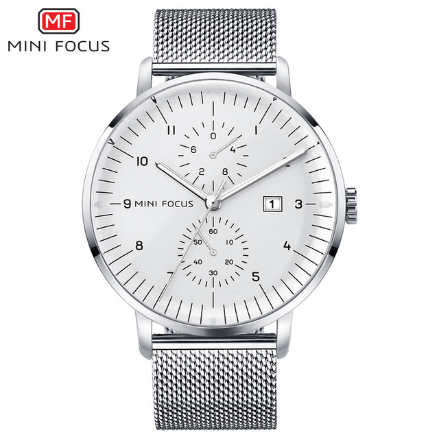 Mini Focus 0052 Classic Dress Quartz Mens Watches Top Brand Luxury Black Mesh Strap 2 Sub-dial Date Display Ultra Thin Watch