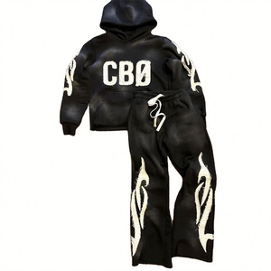 Men's Casual Street Wear Hoodie Custom Design Distressed Patchwork Embroidered Print Heavyweight breathable Tracksuits - Product Image 1