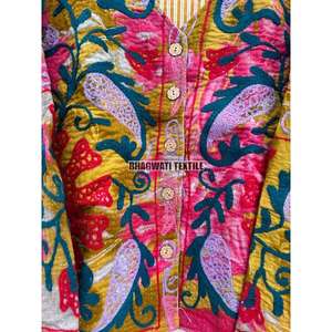 Veste matelassée unisexe XL Kantha Suzani brodé à la main en coton à bords bruts manteau d'hiver respirant pour fête automne - Product Image 5