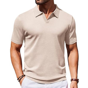 เสื้อโปโลผ้าฝ้ายคอวีแขนสั้นสำหรับผู้ชายเสื้อกอล์ฟลำลองปักลาย - Product Image 1