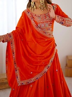 Conjunto de Lehenga Semi-Cosido de Seda Crepé Natural con Bordado de Hilo Dori, Choli Sin Coser y Dupatta de Encaje