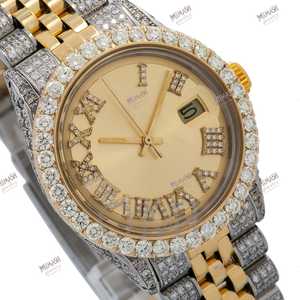 Nueva llegada 38mm analógico número romano Auto fecha esfera dorada reloj de cuarzo lujoso oro acento dos tonos Moissanite relojes de diamantes - Product Image 1