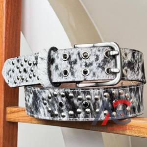 Ceinture en cuir de vachette véritable occidentale de haute qualité pour hommes et femmes avec œillets en argent et boucle à double broche pour un style audacieux - Product Image 1