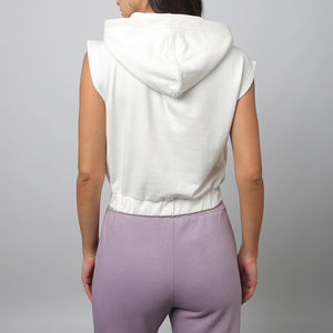 Vente en gros de sweat à capuche court blanc sans manches pour femmes vêtements de sport avec ceinture élastique sweats à capuche sans manches - Product Image 5