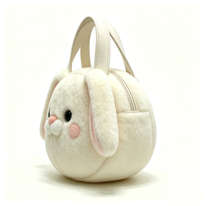 customized Round cream bunny plush handbag,Plush bunny pearl handle handbag,<b>Cute</b> white rabbit plush <b>purse</b> with pearl strap - Product Image 3