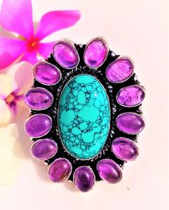 Turquoise and Amethyst Gemstone <b>Ring</b> in 925 Sterling <b>Silver</b> Handmade Oval Shape <b>Boho</b> <b>Ring</b> Gift for Her - Product Image 1