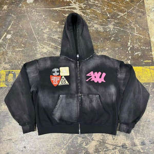 Sweat à capuche zippé personnalisé avec motif graphique, hiver, 100% coton molletonné, broderie vintage, patchwork, appliqué vieilli, lavage à l'acide, poche - Product Image 4