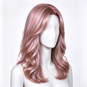 Peluca sintética rizada de longitud media en capas color oro rosa con flequillo cortina - Product Image 1