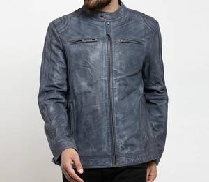 <b>Mens</b> Distressed <b>Grey</b> Leather Jacket Stand Collar Moto Biker Cafe Racer Vintage Style Zip <b>Coat</b> Quilted Shoulder Rider Outerwear - Product Image 1