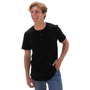 <b>Men</b> Black 100% Luxury Organic Cotton Short Sleeve Henley <b>Curved</b> <b>Hem</b> <b>T</b> <b>Shirt</b> Pre Shrunk GOTS Certified Premium Breathable Fit Tee - Product Image 3