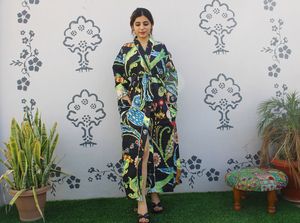 100% indien fabriqué à la main coton Kimono robe patrimoine floral motif Boho fente taille cravate poches sérigraphié décontracté Kimono - Product Image 2