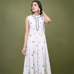 Nuevo Diseño, Vestido Anarkali Estampado para Mujer, de Algodón, Largo hasta la Rodilla, Elegante, para Uso Diario, con Bordado Floral, Cuello Mandarín, Sin Mangas - Product Image 1