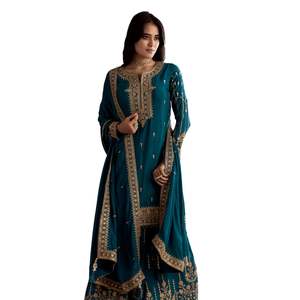 Zari bleu sarcelle perlé Kurta Palazzo Dupatta serti de paillettes vente en gros de vêtements ethniques pour femmes OEM fournisseur en vrac d'usine de vêtements - Product Image 4